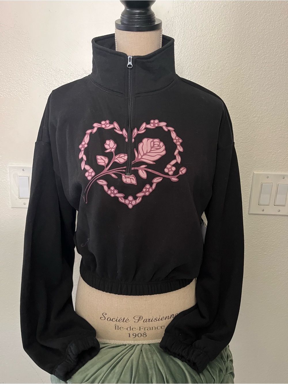 Celebrity Pink Black Half-Zip Sweatshirt with Pink Heart Rose Graphic